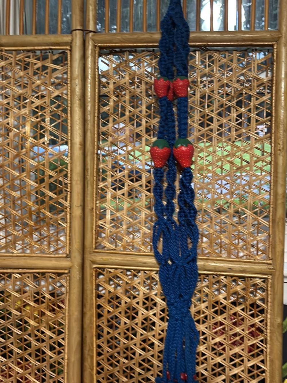 Blue Macrame Hanging Plant Holder with Red Strawberry Accents